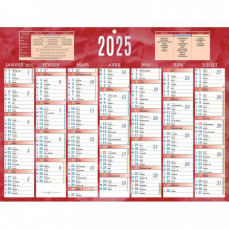 CALENDRIER SEMESTRIEL 32X42CM ROUGE 7 MOIS PAR FACE