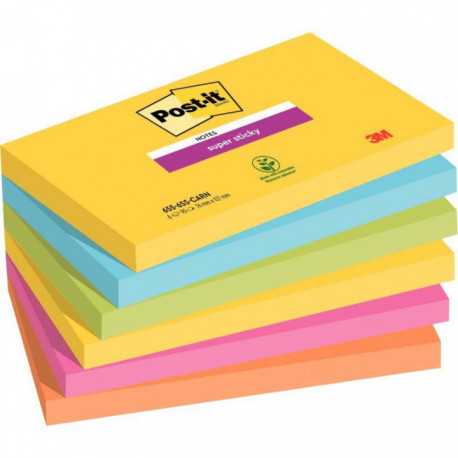 PAQUET DE 6 BLOCS DE 90 FEUILLES SUPER STICKY POST-IT, 76 X 127 MM, COULEURS CARNIVAL : JAUNE, TURQU