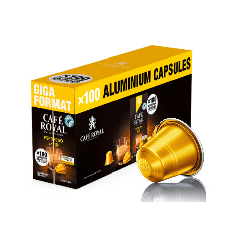 CAFE CAPSULE P/NESPRESSO BTE100 CAFE ROYAL ESPRESSO NOTE ACIDULEE SOPHISTIQUEE+LEGERE NOTE DE CURCUMA INTENSITE 5/10