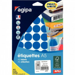 ÉTIQUETTES RONDES **ETUI DE 400** PASTILLES COULEUR DIAM 24MM BLEU AGIPA 114322