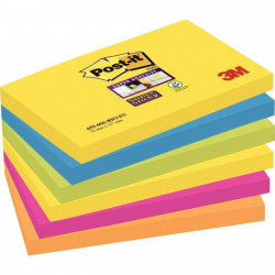 PAQUET DE 6 BLOCS DE 90 FEUILLES SUPER STICKY POST-IT, 76 X 127 MM, COULEURS CARNIVAL : JAUNE, TURQU